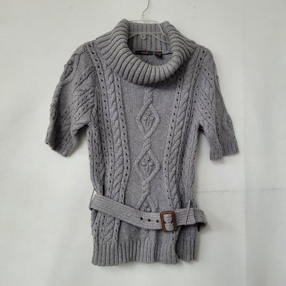 Heather B Sweater Women S Short Sleeve Chunky Cable Belted Turtleneck Tunic Grey - Picture 2 of 11
